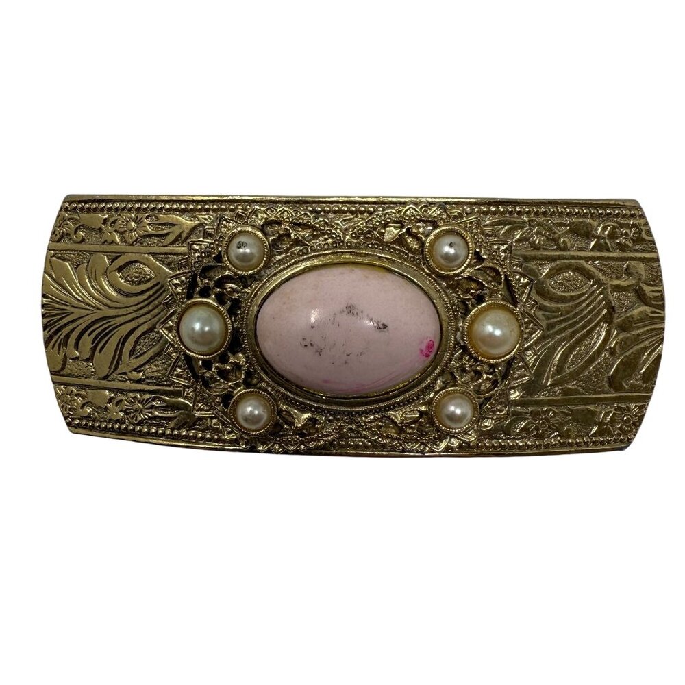 Vintage Gold-Tone Hair Barrette Clip Pink Stone & Faux Pearls Made In France